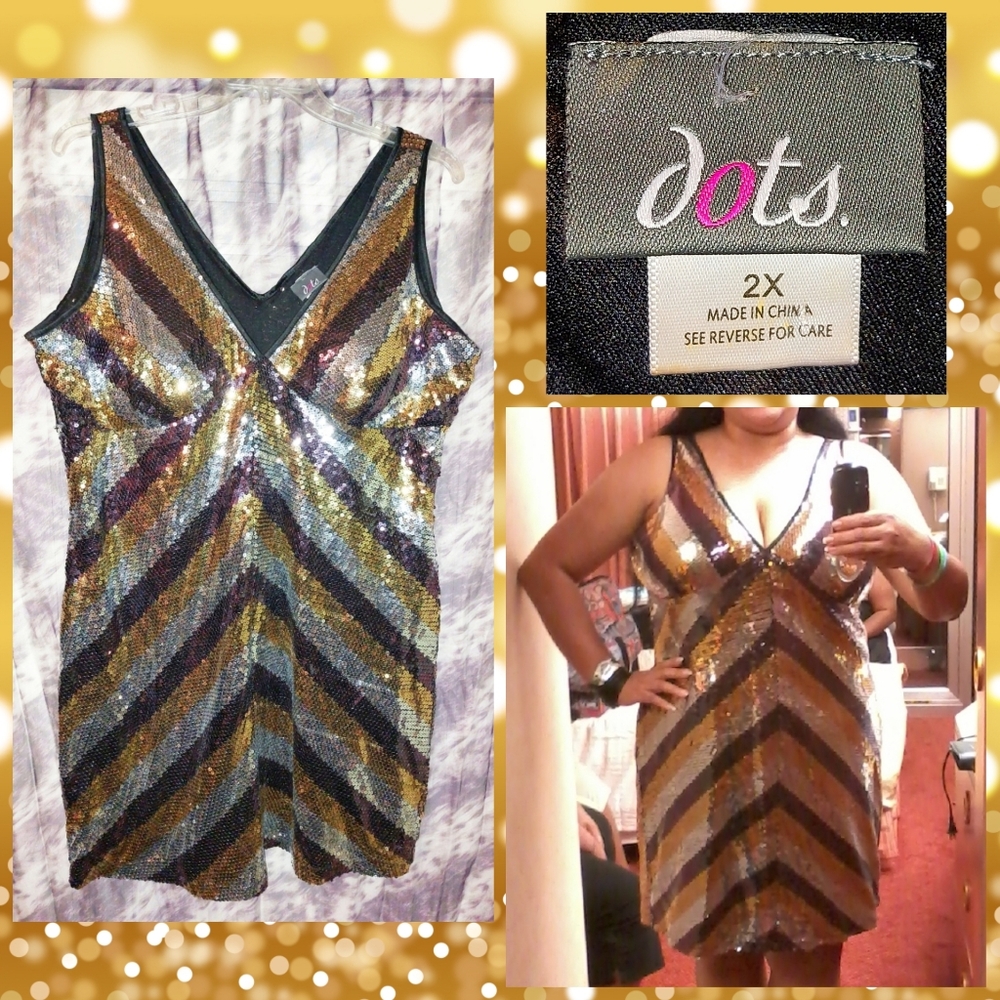 Dots brand Black/Gold/Multicolor Sequins Knit Tank Bodycon Dress Sz 2X(16/18/20)